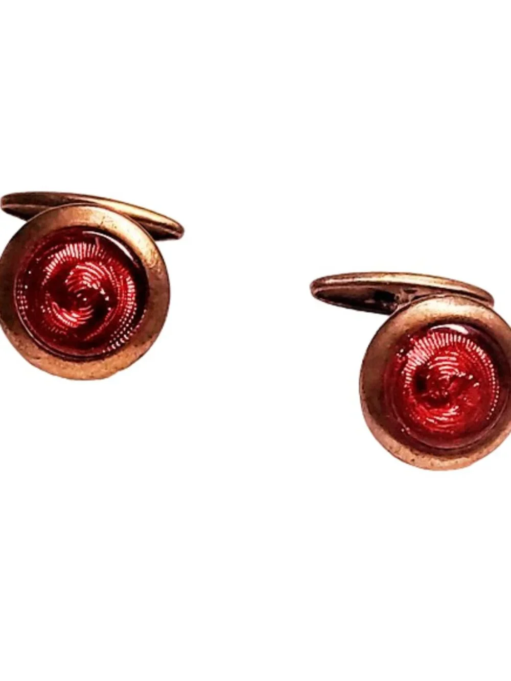 Genuine 1930s Deco Vintage Red Swirled Glass Small Round Cuff Links